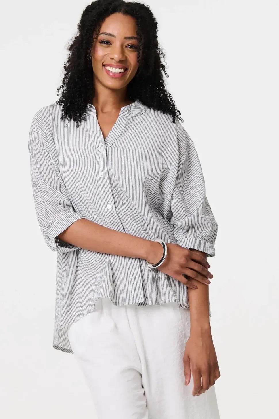 Pinstripe Relaxed Button Back Blouse