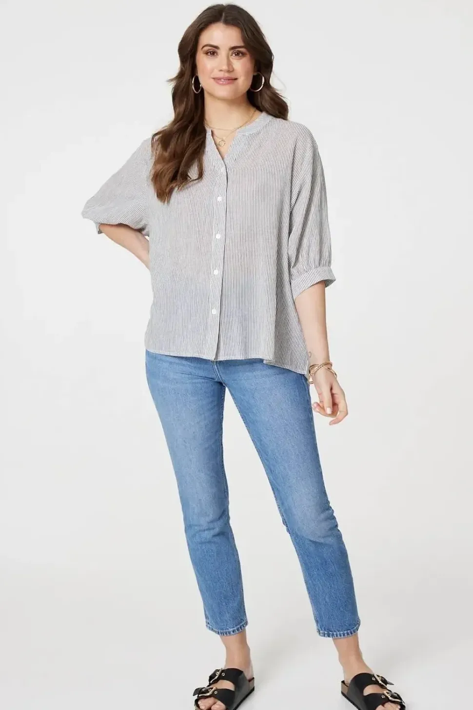 Pinstripe Relaxed Button Back Blouse