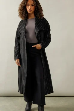 Pinstripe Shawl Collar Belted Coat