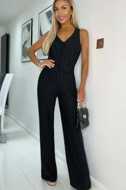 Pinstripe Waistcoat Detail Wide Leg Jumpsuit