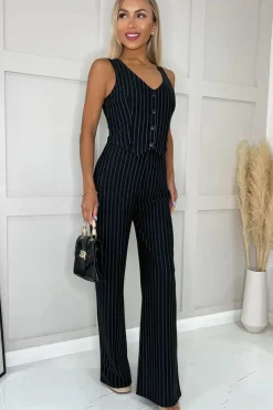 Pinstripe Waistcoat Detail Wide Leg Jumpsuit