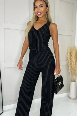 Pinstripe Waistcoat Detail Wide Leg Jumpsuit