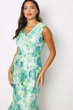 Piped Jacquard V Neck Midi Dress