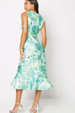 Piped Jacquard V Neck Midi Dress