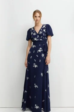 Placement Embroidery Puff Sleeve Bridesmaids Maxi Dress