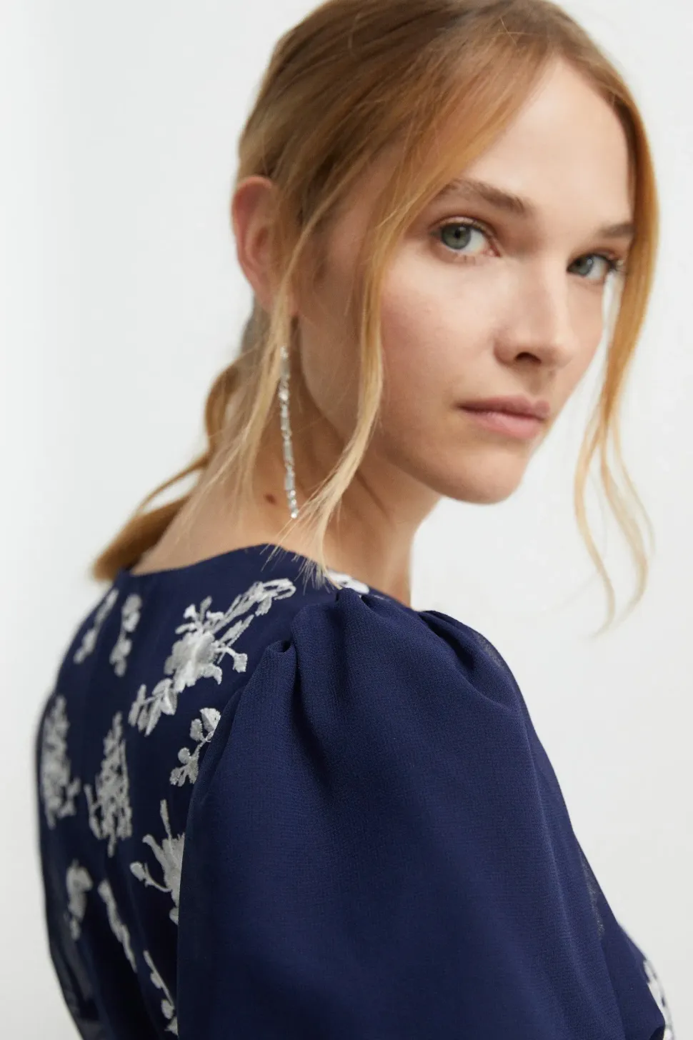 Placement Embroidery Puff Sleeve Bridesmaids Maxi Dress