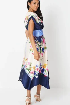Placement Print Drape Neck Handkerchief Hem Midi Dress