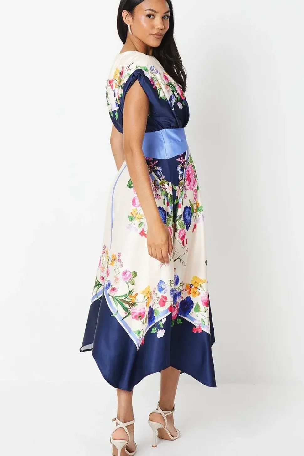 Placement Print Drape Neck Handkerchief Hem Midi Dress