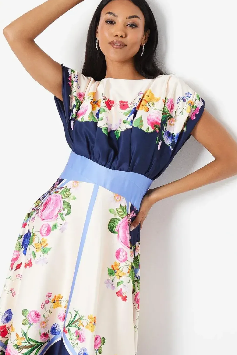 Placement Print Drape Neck Handkerchief Hem Midi Dress