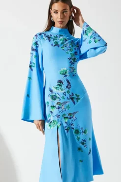 Placement Print Flare Sleeve High Neck Dress