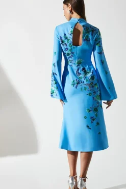 Placement Print Flare Sleeve High Neck Dress