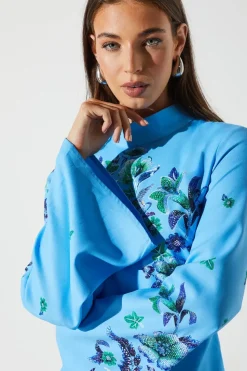Placement Print Flare Sleeve High Neck Dress