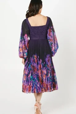 Placement Print Lace Bodice Pleated Skirt Midi Dress
