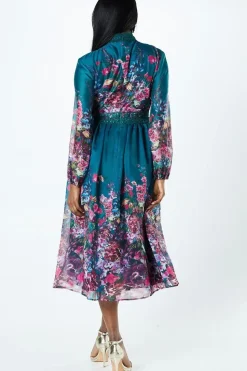 Placement Print Lace Trim Midi Wedding Guest Dress