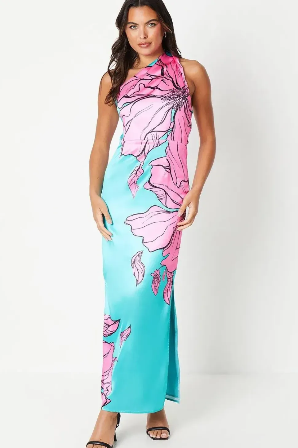 Placement Print One Shoulder Maxi Dress