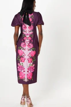 Placement Print Puff Sleeve Midi Dress