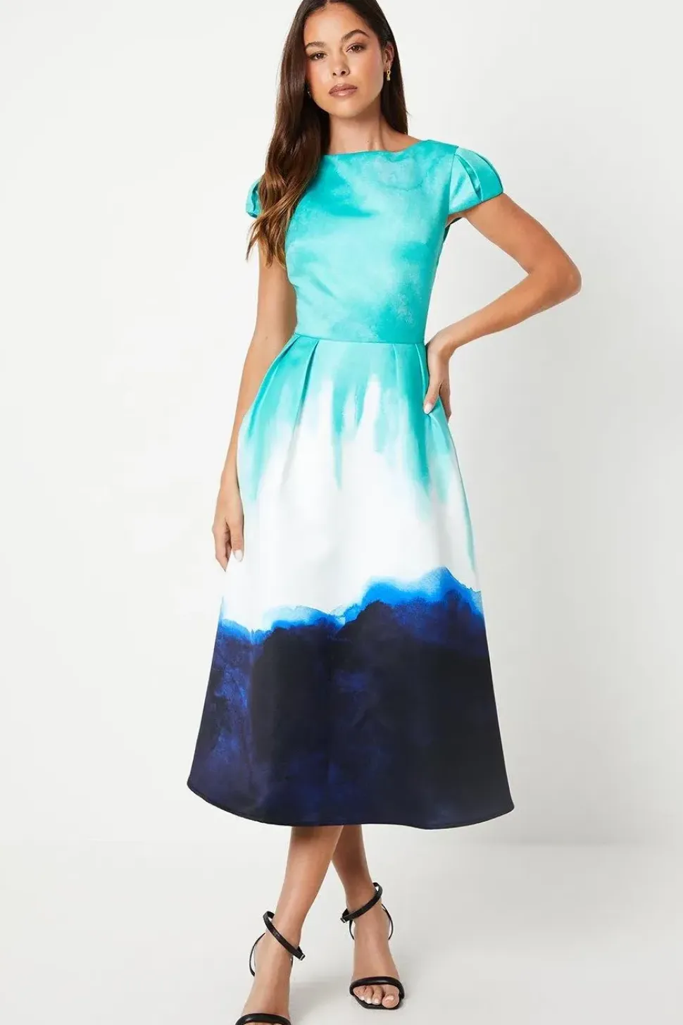 Placement Print Puff Sleeve Satin Midi Wedding Guest Dress