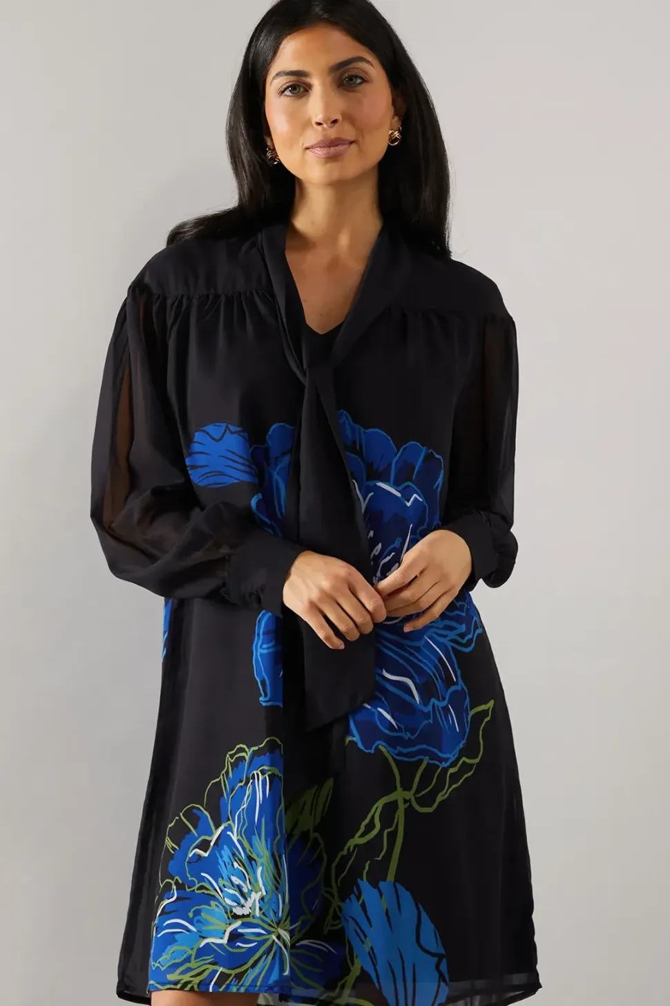 Placement Print Tie Neck Shift Mini Dress