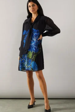 Placement Print Tie Neck Shift Mini Dress