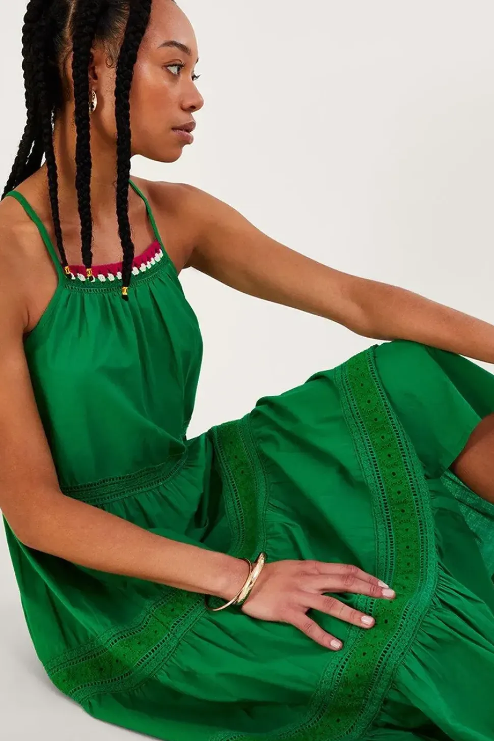 Plain Broderie Lace Trim Midi Dress