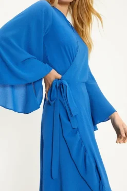 Plain Flute Sleeve Ruffle Wrap Dress