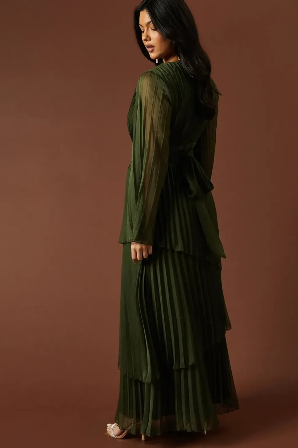 Plain Pleated Asymmetric Tiered Maxi Dress