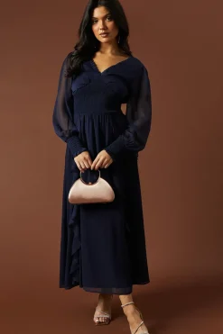 Plain Ruffle Detail Shirred Waist Midaxi Dress