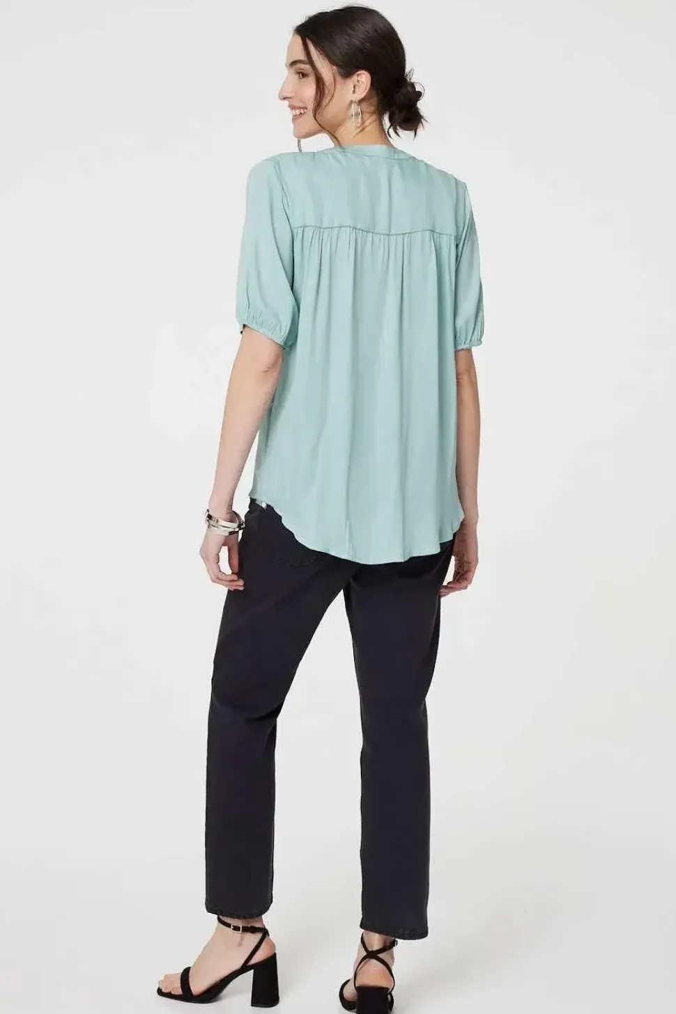 Plain V-Neck Puff 1/2 Sleeve Shirt