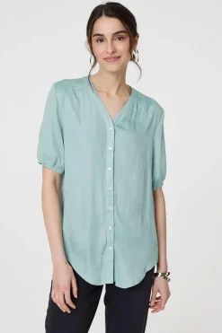Plain V-Neck Puff 1/2 Sleeve Shirt