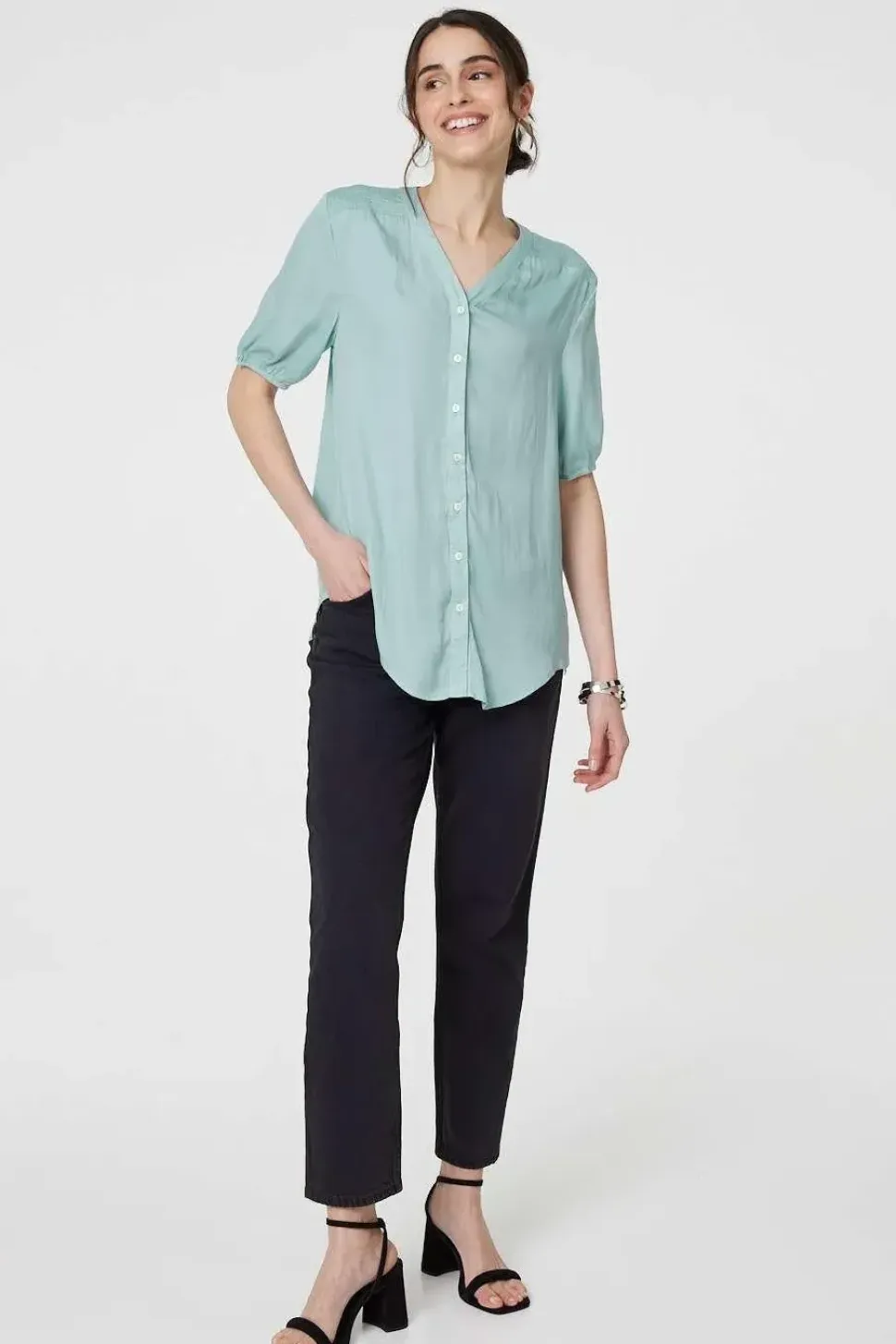 Plain V-Neck Puff 1/2 Sleeve Shirt