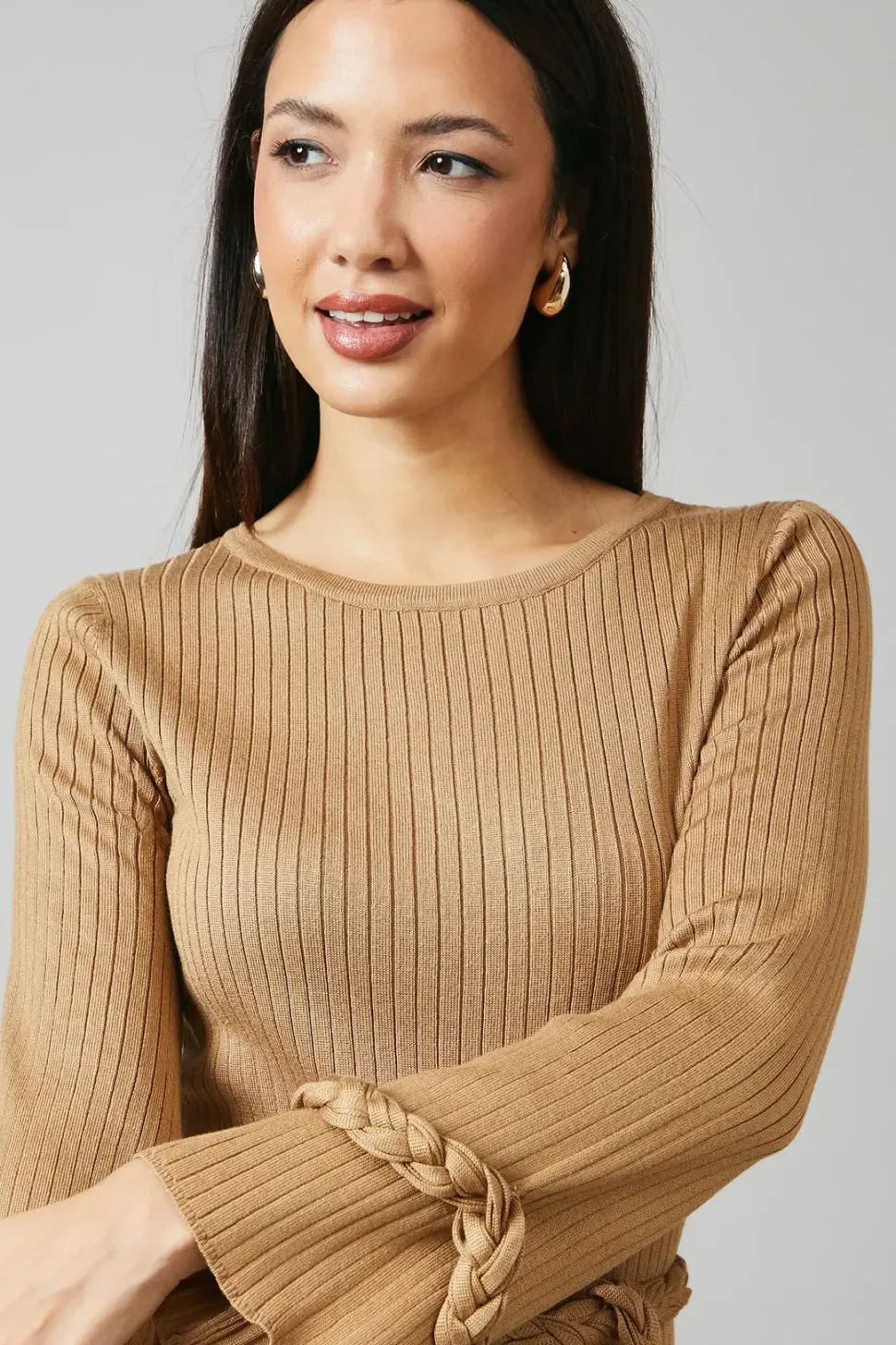 Plaited Ribbed Belted Midi Dress