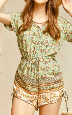 Playsuit With Drawstring Detail In Mint and Yellow Mixed Print