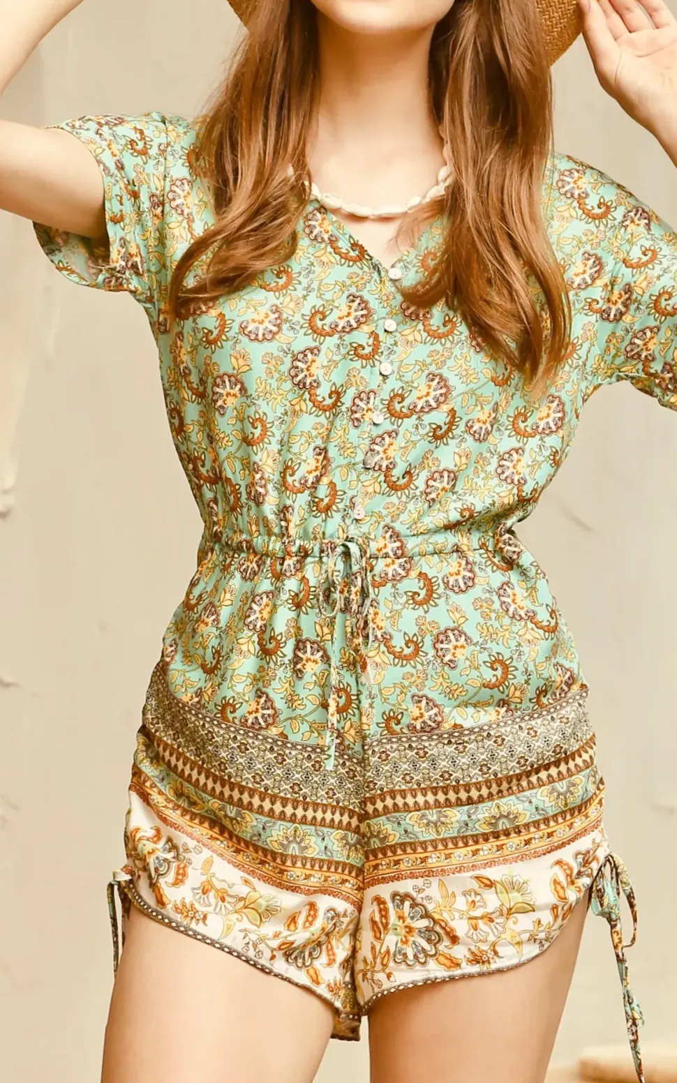 Playsuit With Drawstring Detail In Mint and Yellow Mixed Print