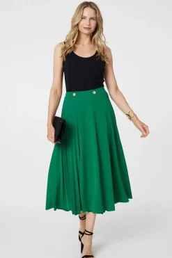Pleat Detail High Waist A-Line Midi Skirt