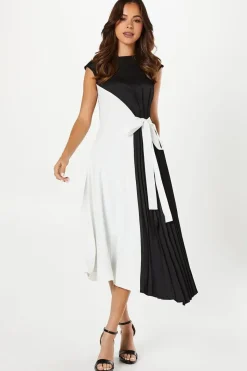 Pleated And Panelled Contrast Tie Satin Midi Wedding Guest Dress