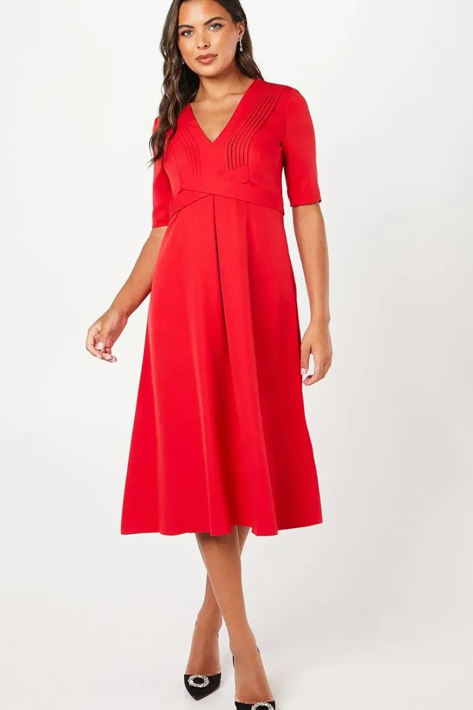 Pleated Bodice Cross Over Midi Wedding Guest Dress