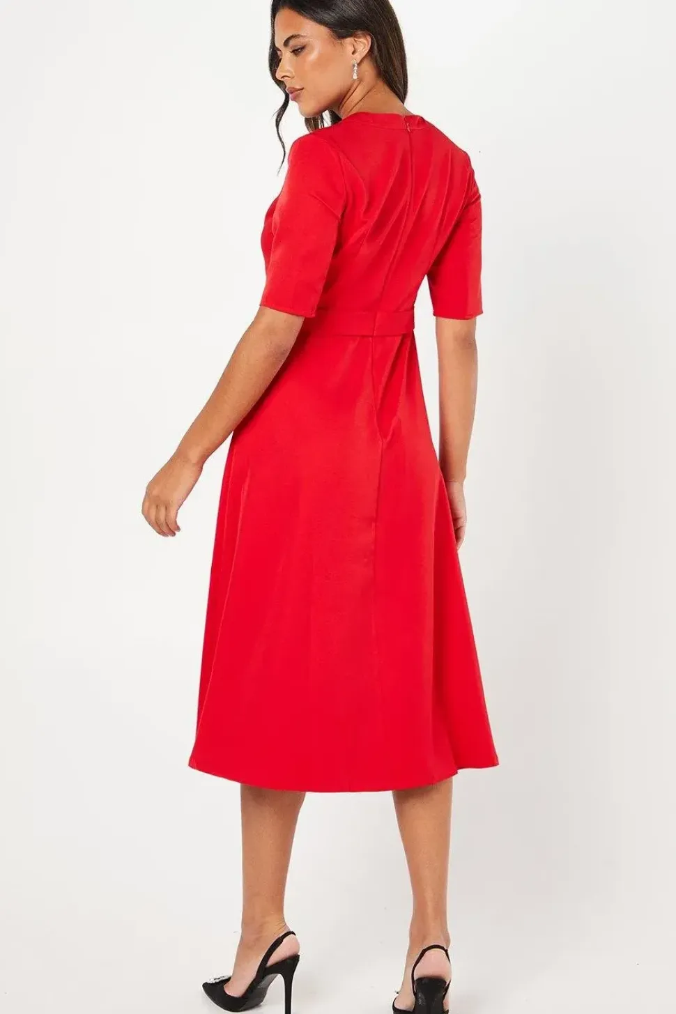 Pleated Bodice Cross Over Midi Wedding Guest Dress