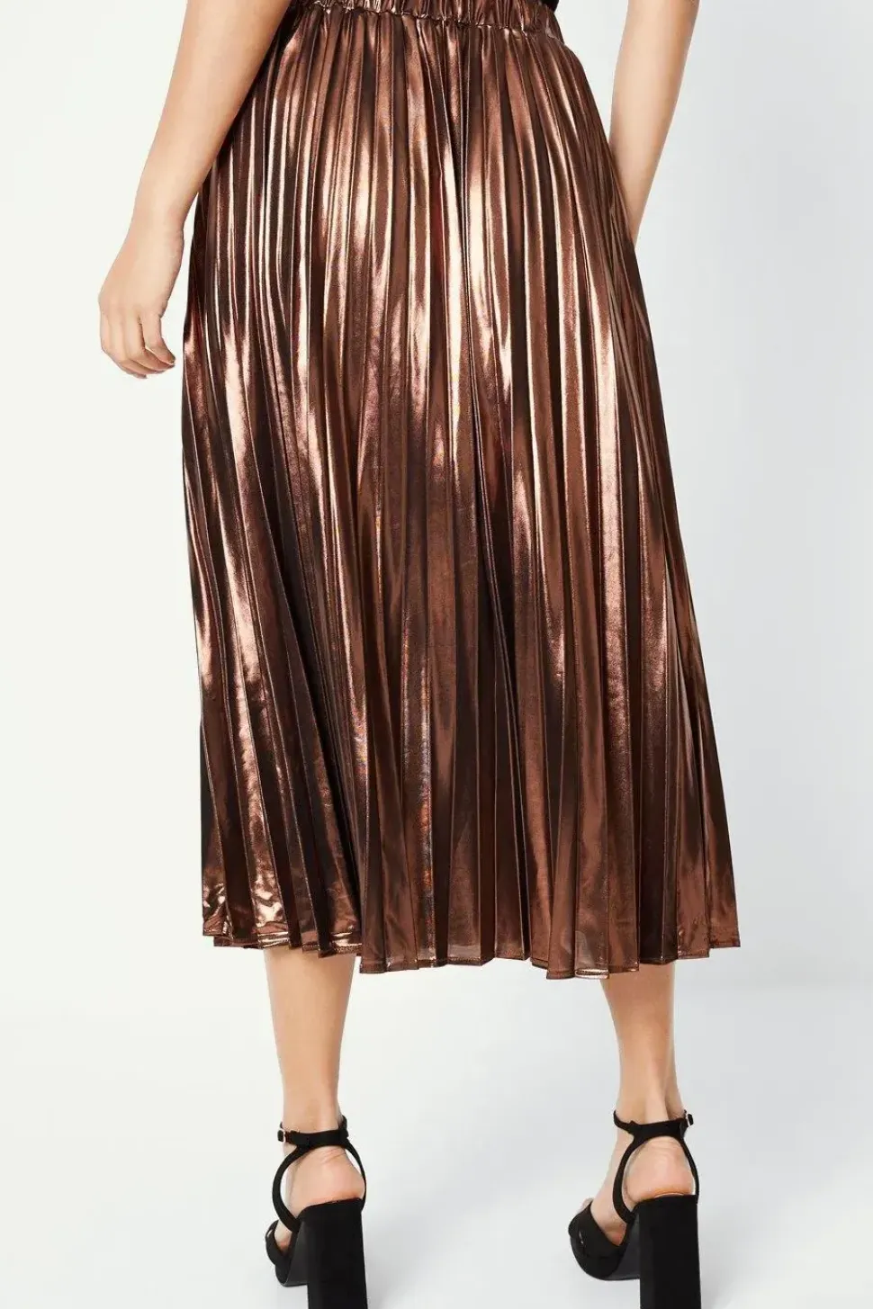 Pleated Foil Midi Skirt