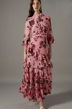 Pleated Frill Chiffon Maxi Dress