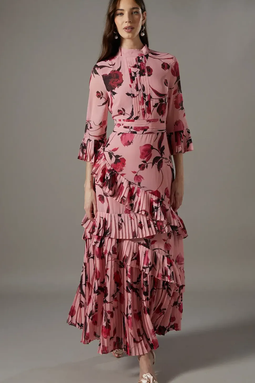 Pleated Frill Chiffon Maxi Dress