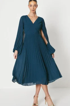 Pleated Georgette Dress With Oversized Sleeve