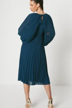 Pleated Georgette Dress With Oversized Sleeve