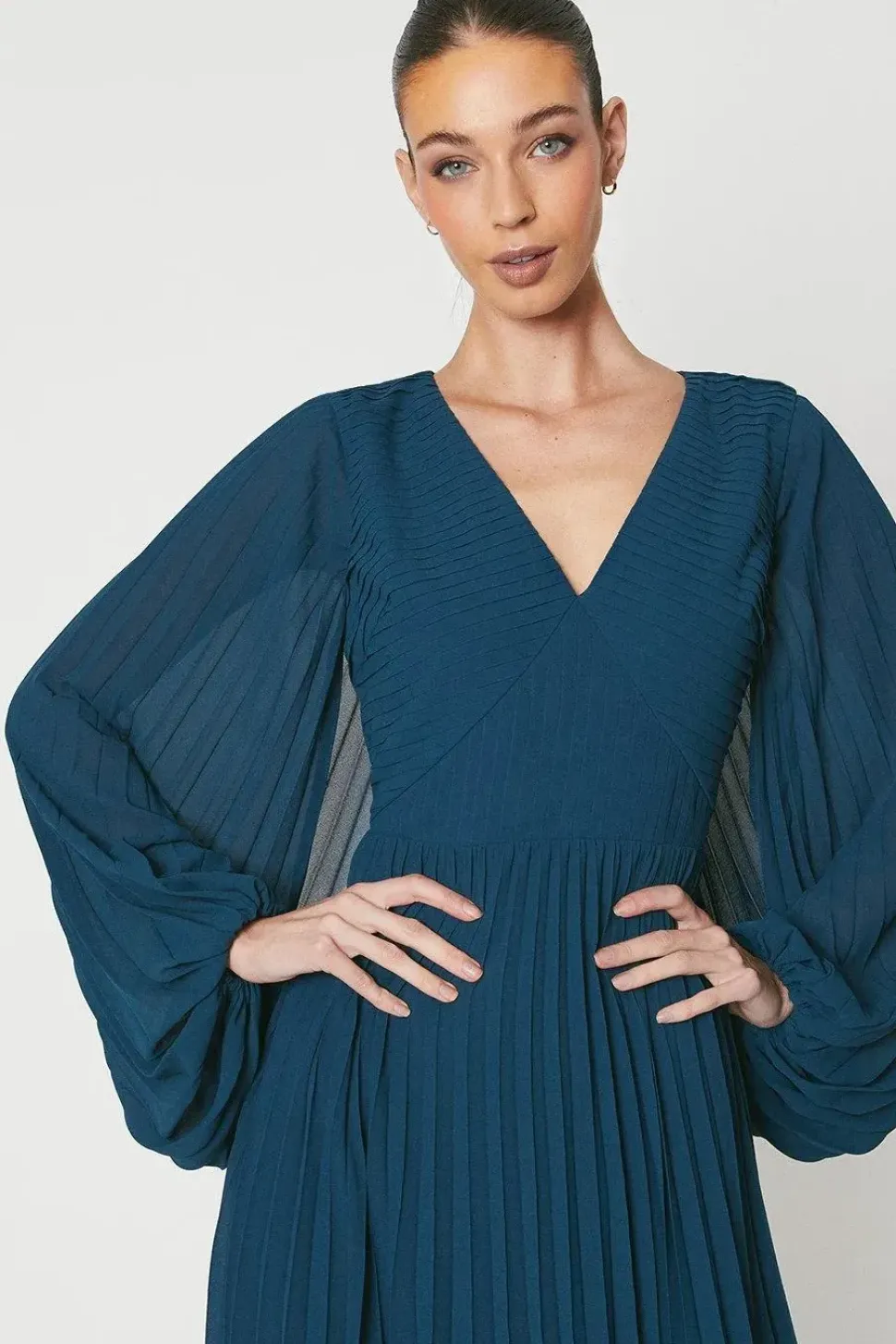 Pleated Georgette Dress With Oversized Sleeve
