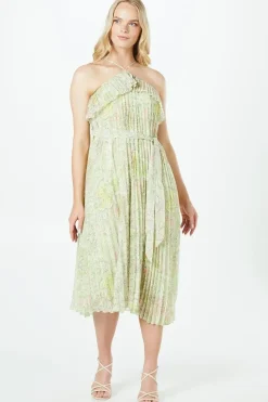 Pleated Halterneck Double Layer Midi Dress