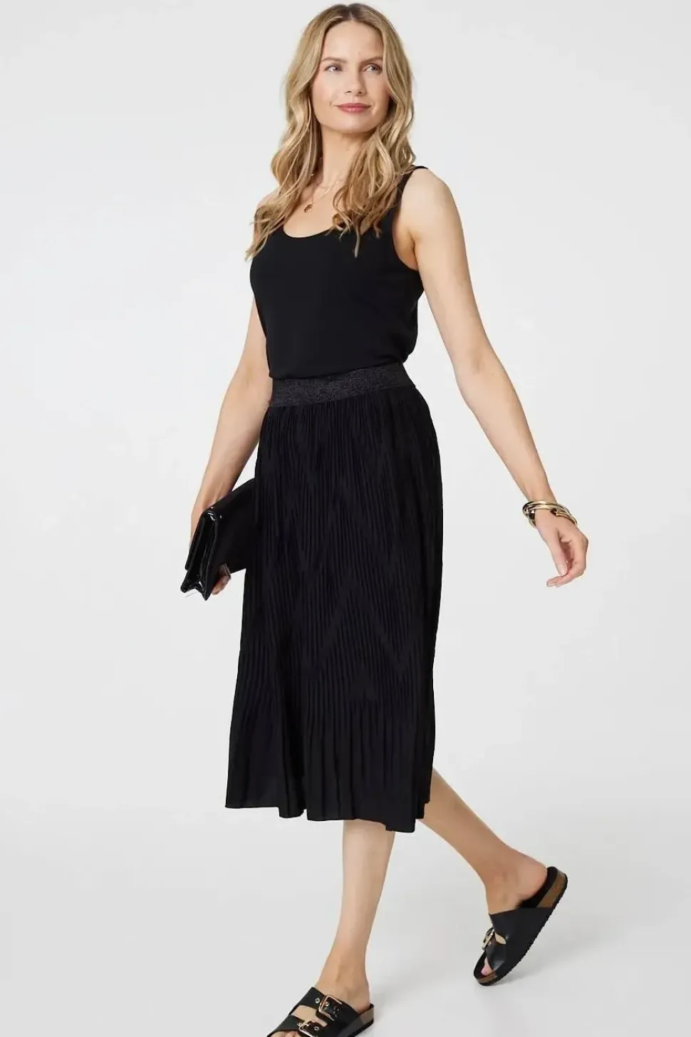 Pleated High Waist A-Line Midi Skirt