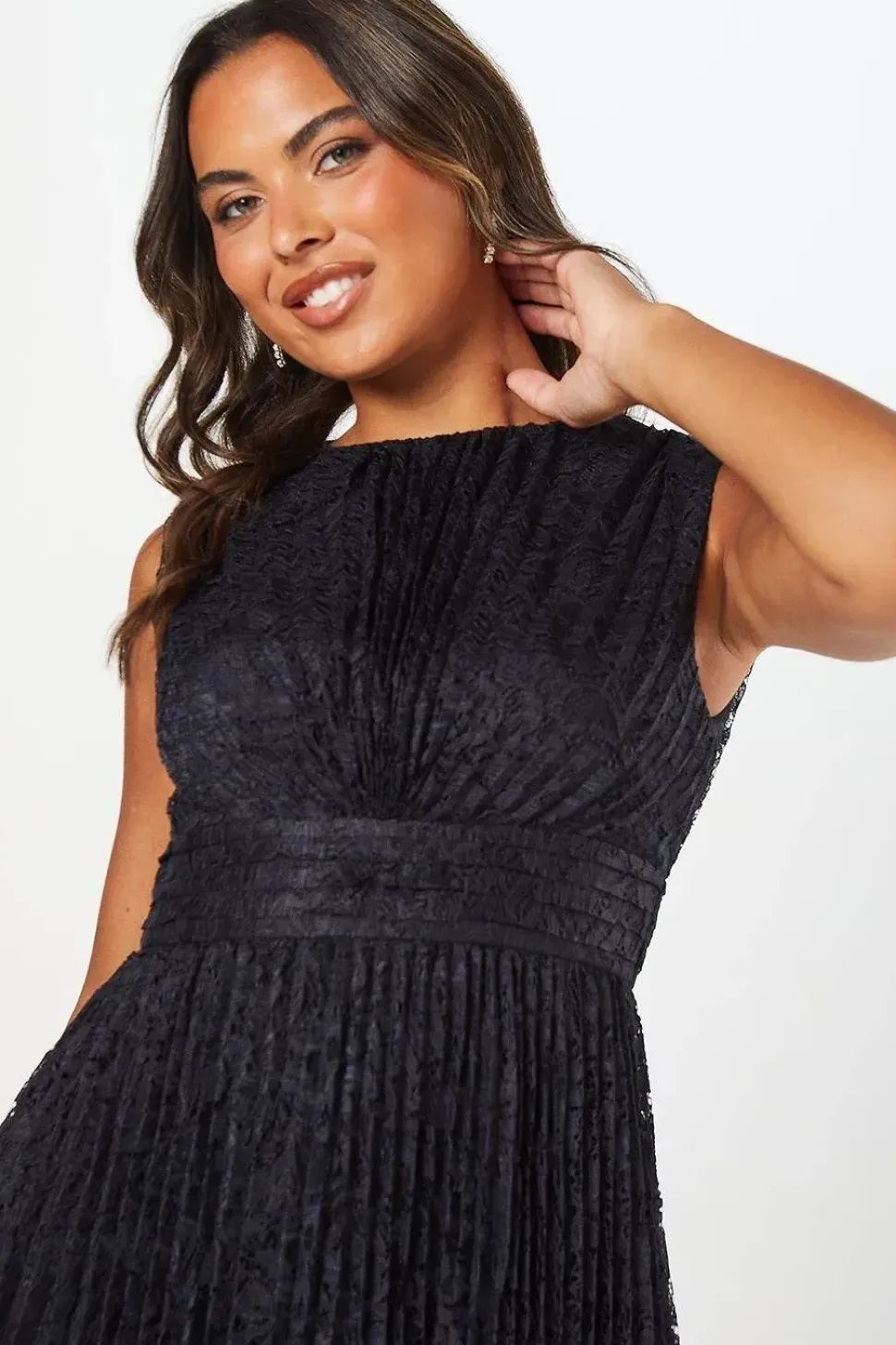 Pleated Lace Midi Wedding Guest Dress