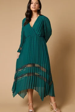 Pleated Lace Trim Insert Wrap Midi Dress