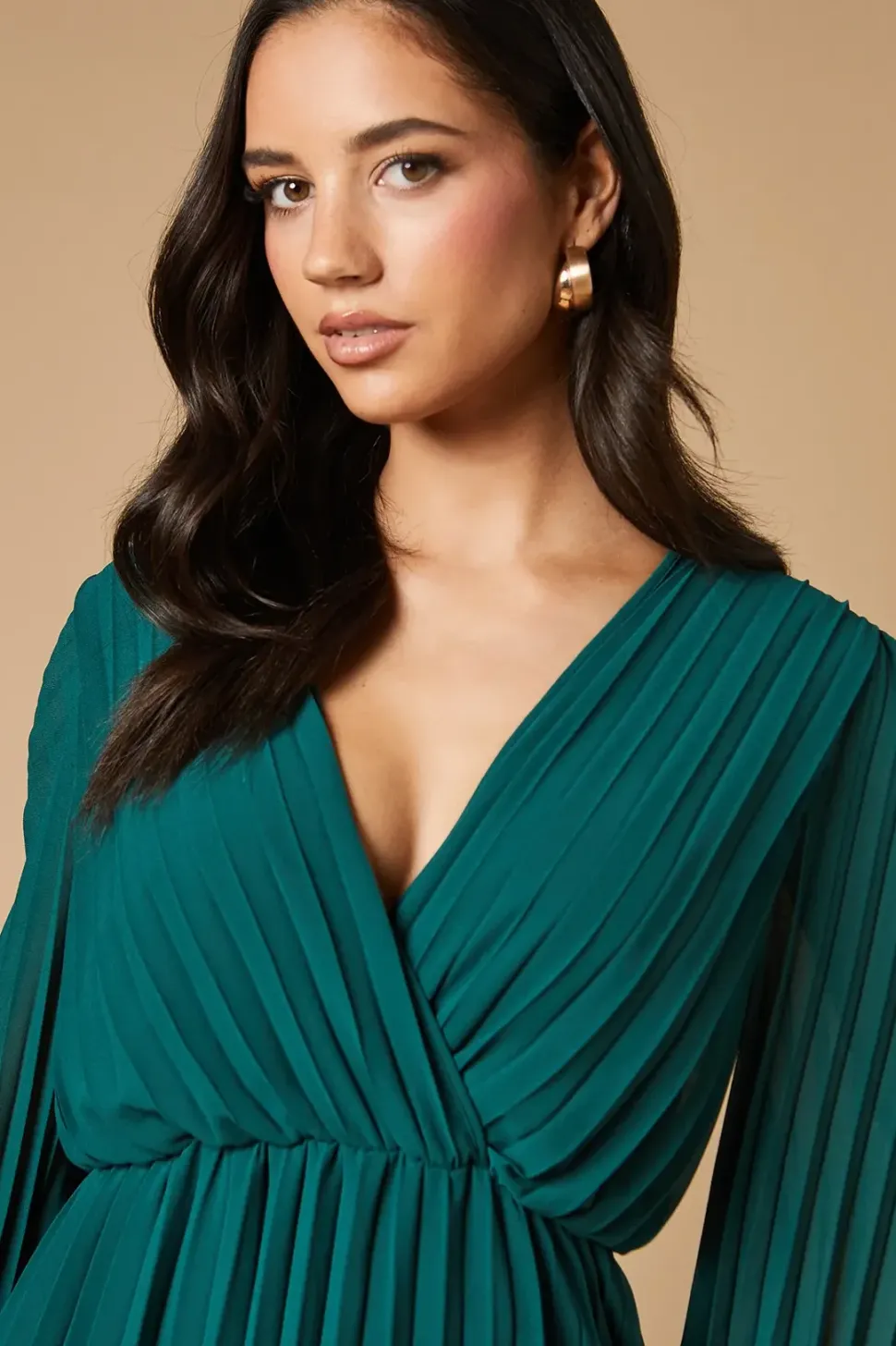 Pleated Lace Trim Insert Wrap Midi Dress