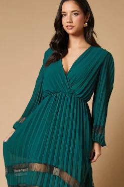 Pleated Lace Trim Insert Wrap Midi Dress