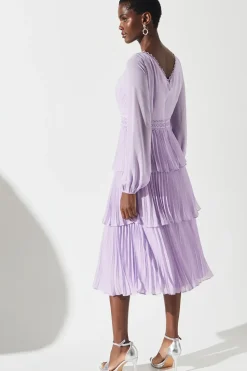 Pleated Lace Trim Tiered Midi Dress